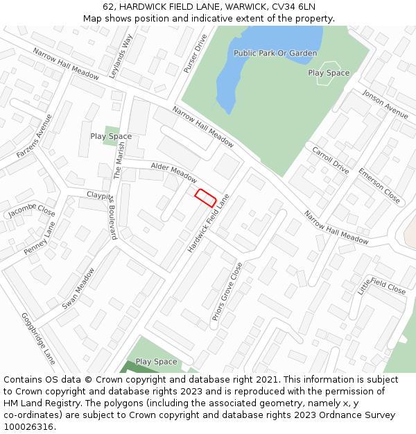 62, HARDWICK FIELD LANE, WARWICK, CV34 6LN: Location map and indicative extent of plot