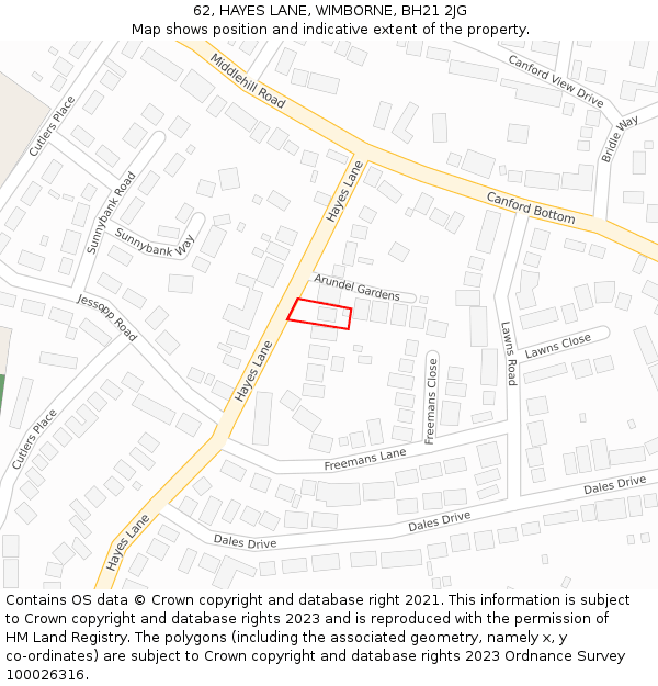 62, HAYES LANE, WIMBORNE, BH21 2JG: Location map and indicative extent of plot