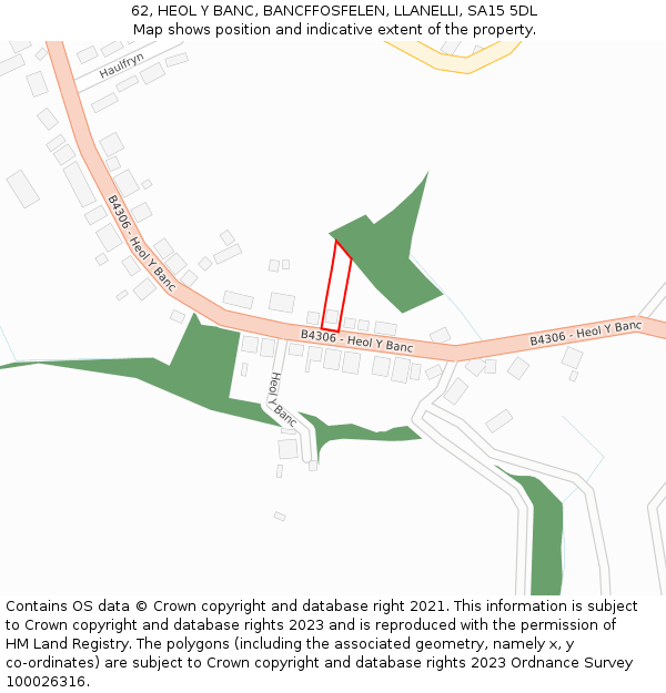 62, HEOL Y BANC, BANCFFOSFELEN, LLANELLI, SA15 5DL: Location map and indicative extent of plot