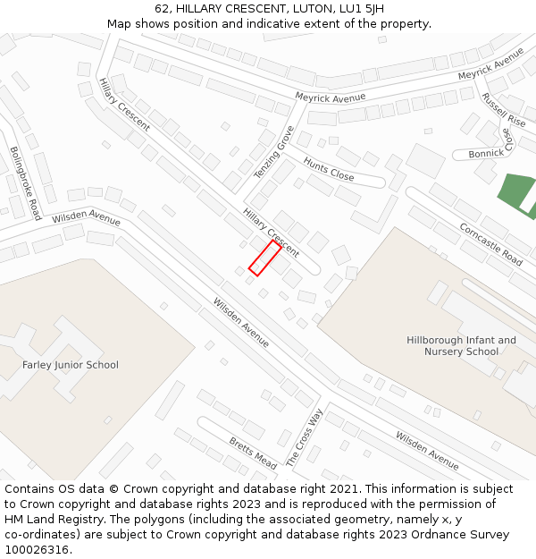 62, HILLARY CRESCENT, LUTON, LU1 5JH: Location map and indicative extent of plot