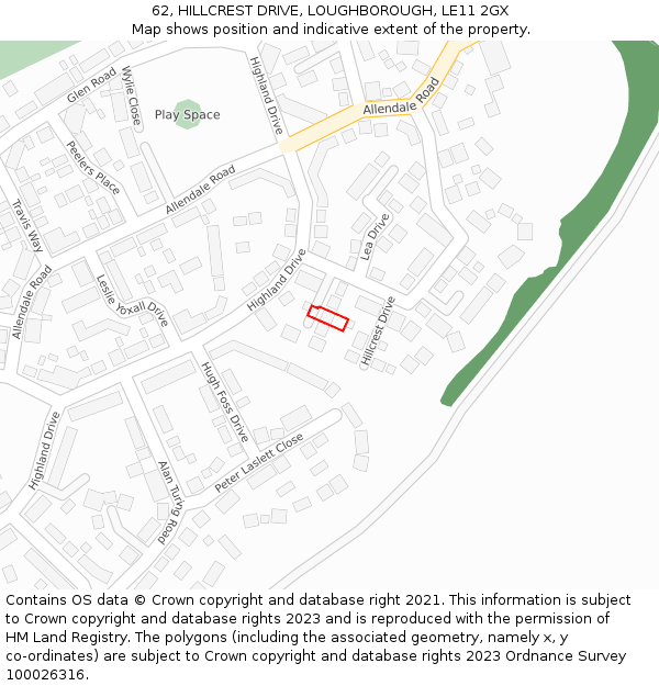 62, HILLCREST DRIVE, LOUGHBOROUGH, LE11 2GX: Location map and indicative extent of plot