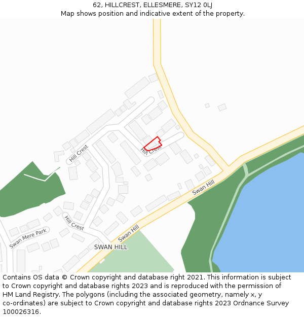 62, HILLCREST, ELLESMERE, SY12 0LJ: Location map and indicative extent of plot