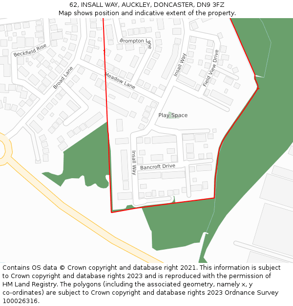 62, INSALL WAY, AUCKLEY, DONCASTER, DN9 3FZ: Location map and indicative extent of plot