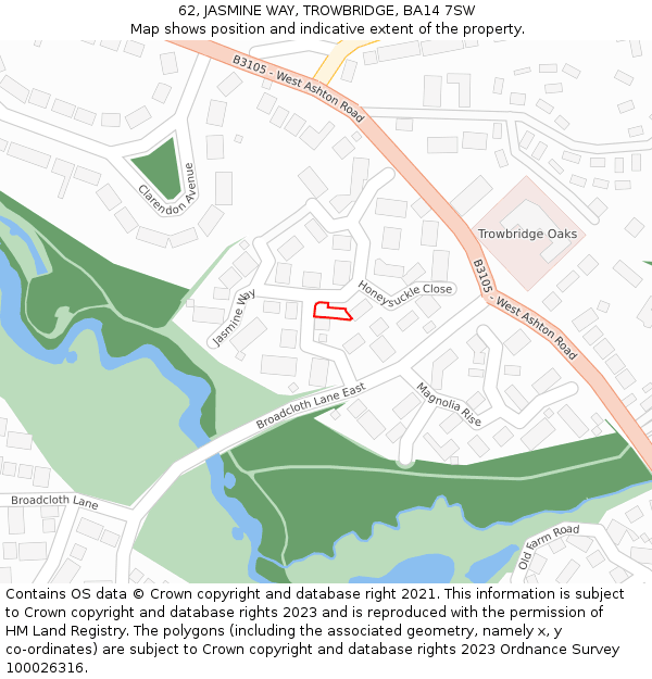 62, JASMINE WAY, TROWBRIDGE, BA14 7SW: Location map and indicative extent of plot