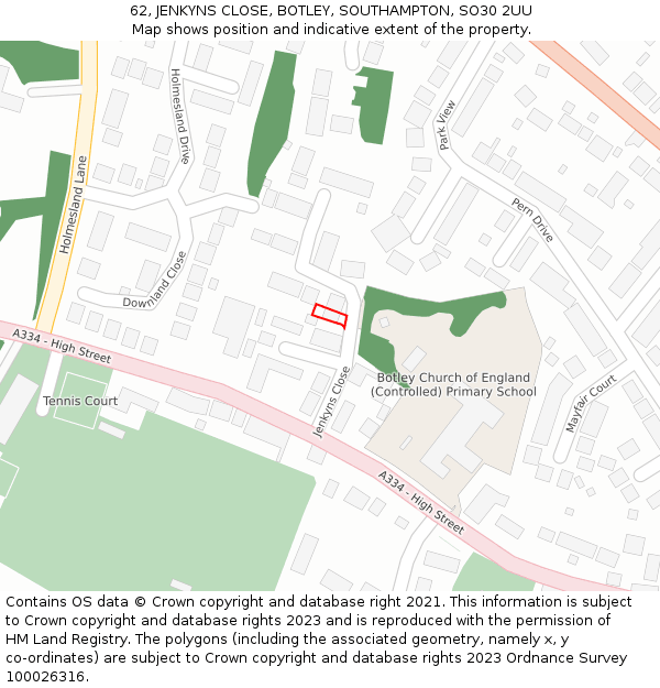 62, JENKYNS CLOSE, BOTLEY, SOUTHAMPTON, SO30 2UU: Location map and indicative extent of plot