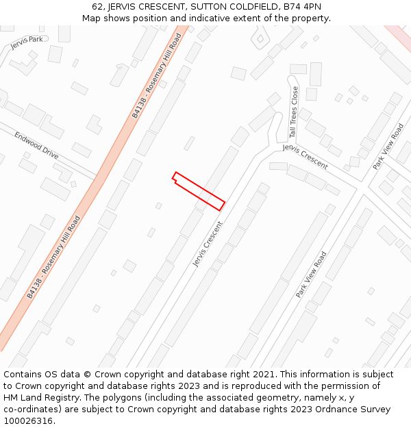 62, JERVIS CRESCENT, SUTTON COLDFIELD, B74 4PN: Location map and indicative extent of plot