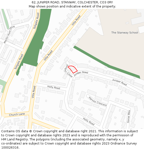 62, JUNIPER ROAD, STANWAY, COLCHESTER, CO3 0RY: Location map and indicative extent of plot