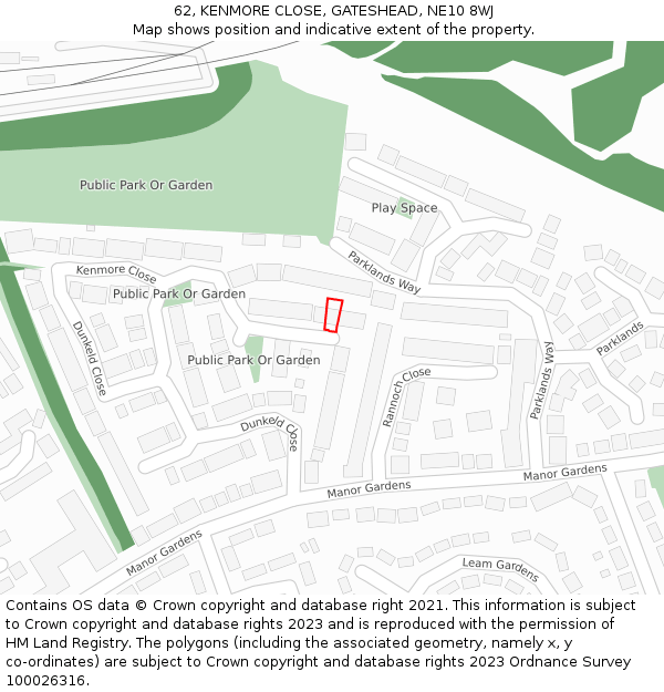 62, KENMORE CLOSE, GATESHEAD, NE10 8WJ: Location map and indicative extent of plot