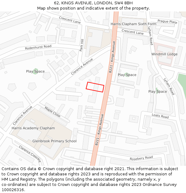 62, KINGS AVENUE, LONDON, SW4 8BH: Location map and indicative extent of plot