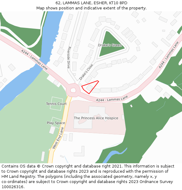 62, LAMMAS LANE, ESHER, KT10 8PD: Location map and indicative extent of plot