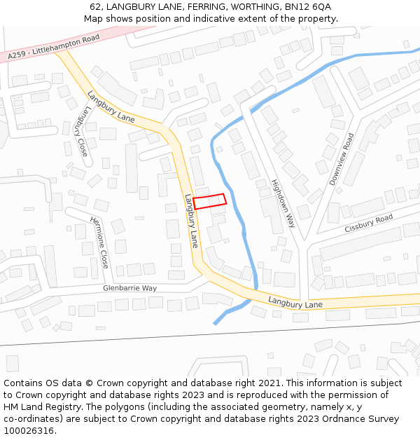 62, LANGBURY LANE, FERRING, WORTHING, BN12 6QA: Location map and indicative extent of plot