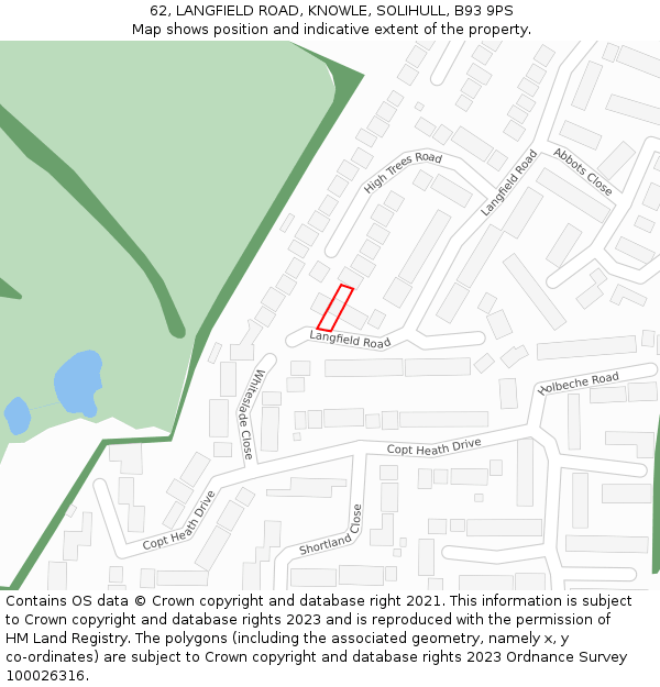 62, LANGFIELD ROAD, KNOWLE, SOLIHULL, B93 9PS: Location map and indicative extent of plot