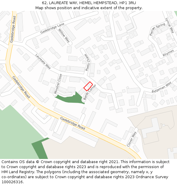 62, LAUREATE WAY, HEMEL HEMPSTEAD, HP1 3RU: Location map and indicative extent of plot