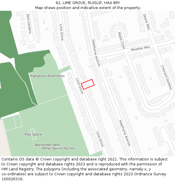 62, LIME GROVE, RUISLIP, HA4 8RY: Location map and indicative extent of plot