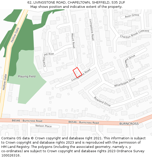 62, LIVINGSTONE ROAD, CHAPELTOWN, SHEFFIELD, S35 2UF: Location map and indicative extent of plot