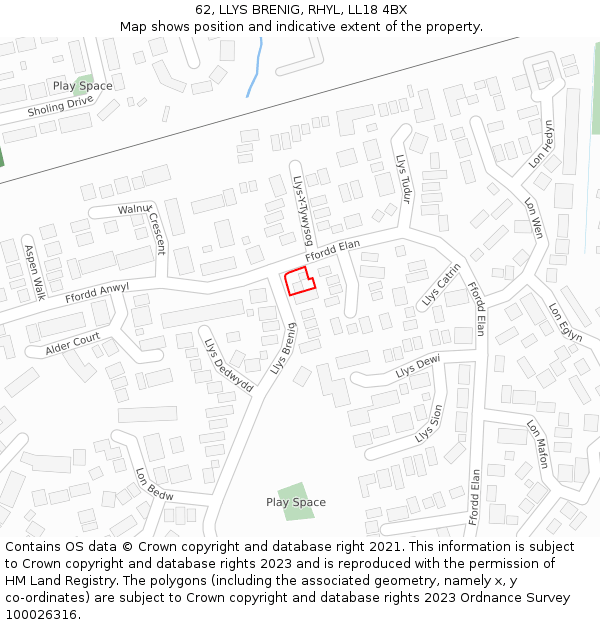 62, LLYS BRENIG, RHYL, LL18 4BX: Location map and indicative extent of plot