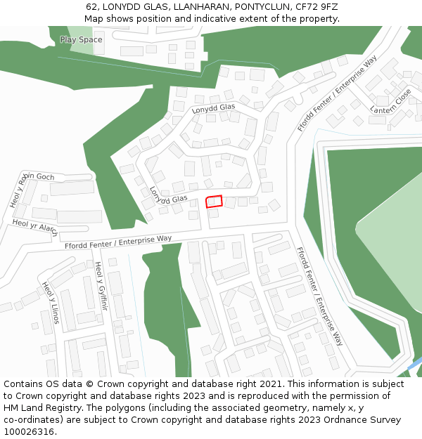 62, LONYDD GLAS, LLANHARAN, PONTYCLUN, CF72 9FZ: Location map and indicative extent of plot