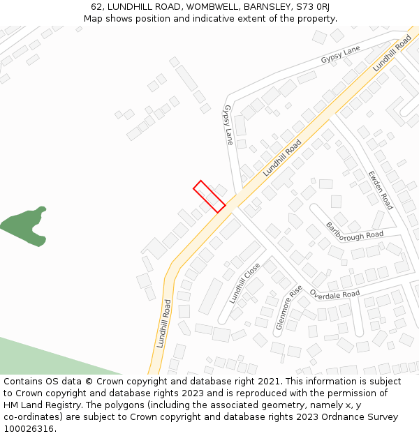 62, LUNDHILL ROAD, WOMBWELL, BARNSLEY, S73 0RJ: Location map and indicative extent of plot