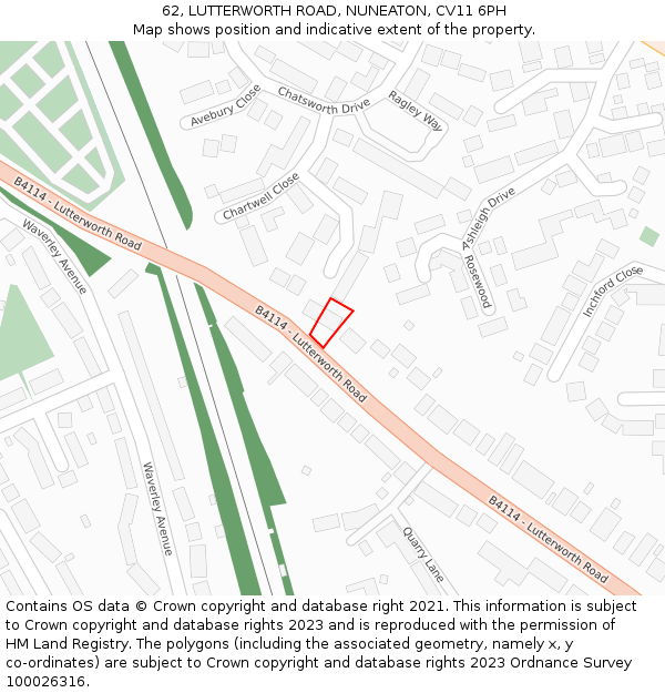 62, LUTTERWORTH ROAD, NUNEATON, CV11 6PH: Location map and indicative extent of plot