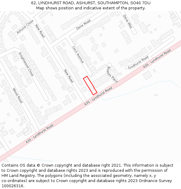 62, LYNDHURST ROAD, ASHURST, SOUTHAMPTON, SO40 7DU: Location map and indicative extent of plot