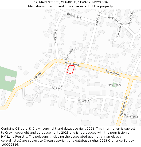 62, MAIN STREET, CLAYPOLE, NEWARK, NG23 5BA: Location map and indicative extent of plot