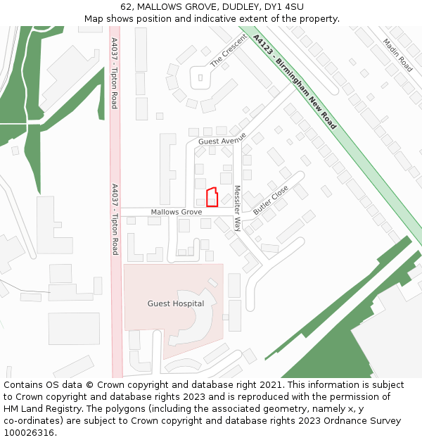 62, MALLOWS GROVE, DUDLEY, DY1 4SU: Location map and indicative extent of plot