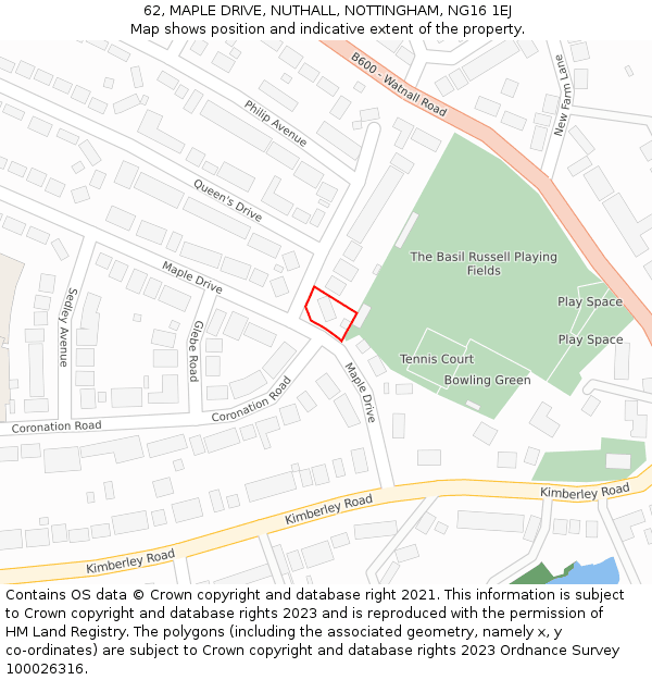 62, MAPLE DRIVE, NUTHALL, NOTTINGHAM, NG16 1EJ: Location map and indicative extent of plot