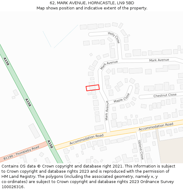 62, MARK AVENUE, HORNCASTLE, LN9 5BD: Location map and indicative extent of plot