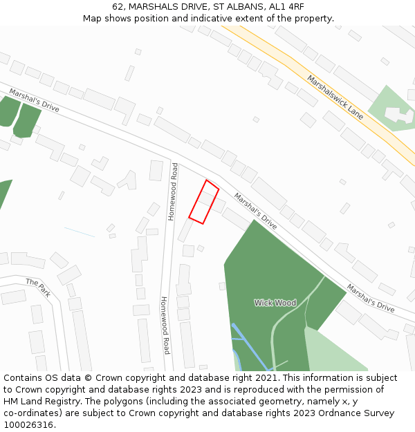 62, MARSHALS DRIVE, ST ALBANS, AL1 4RF: Location map and indicative extent of plot