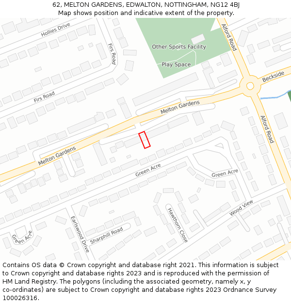 62, MELTON GARDENS, EDWALTON, NOTTINGHAM, NG12 4BJ: Location map and indicative extent of plot