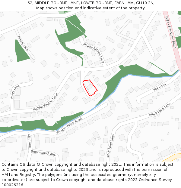 62, MIDDLE BOURNE LANE, LOWER BOURNE, FARNHAM, GU10 3NJ: Location map and indicative extent of plot