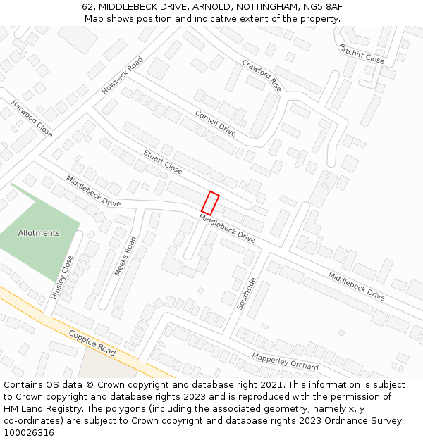 62, MIDDLEBECK DRIVE, ARNOLD, NOTTINGHAM, NG5 8AF: Location map and indicative extent of plot