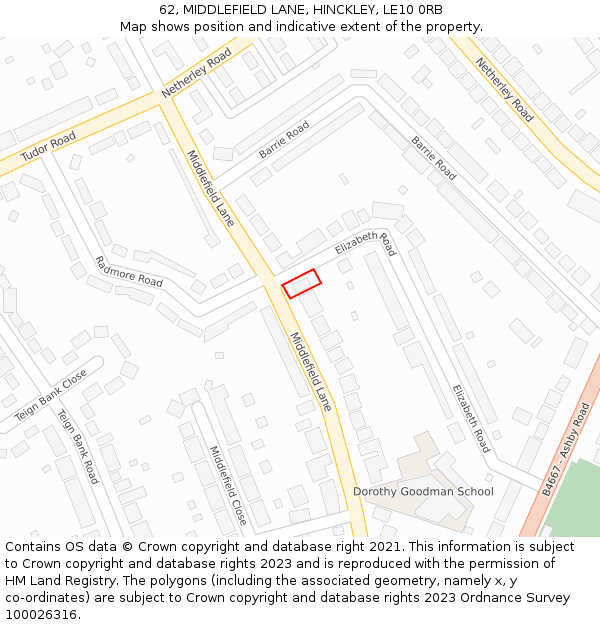 62, MIDDLEFIELD LANE, HINCKLEY, LE10 0RB: Location map and indicative extent of plot