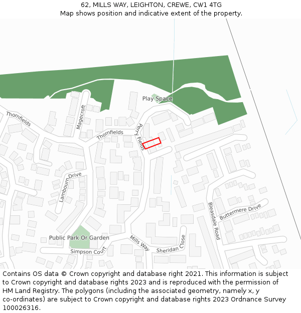 62, MILLS WAY, LEIGHTON, CREWE, CW1 4TG: Location map and indicative extent of plot