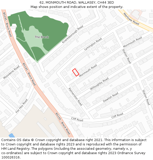 62, MONMOUTH ROAD, WALLASEY, CH44 3ED: Location map and indicative extent of plot