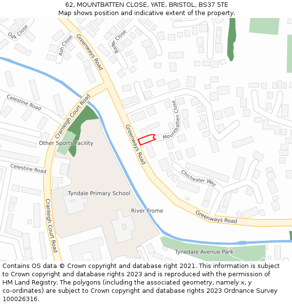 62, MOUNTBATTEN CLOSE, YATE, BRISTOL, BS37 5TE: Location map and indicative extent of plot