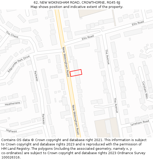 62, NEW WOKINGHAM ROAD, CROWTHORNE, RG45 6JJ: Location map and indicative extent of plot