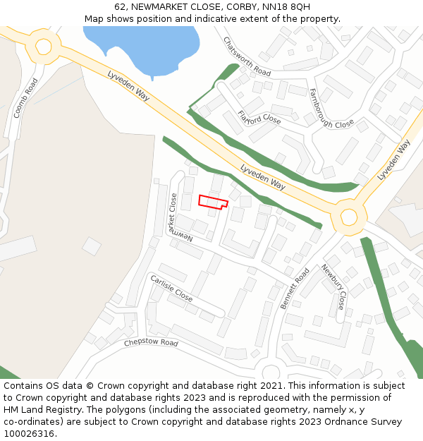 62, NEWMARKET CLOSE, CORBY, NN18 8QH: Location map and indicative extent of plot