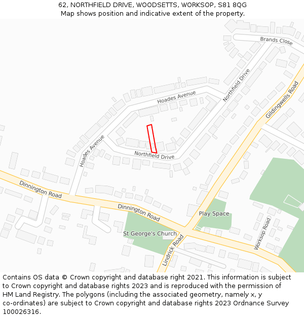 62, NORTHFIELD DRIVE, WOODSETTS, WORKSOP, S81 8QG: Location map and indicative extent of plot