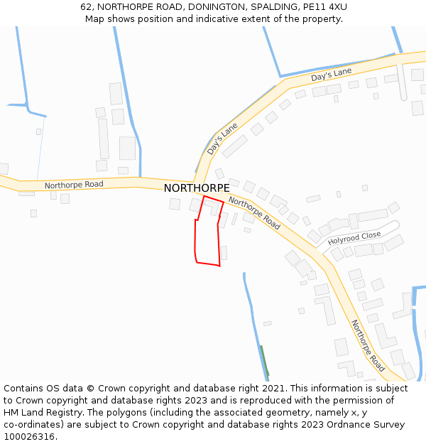 62, NORTHORPE ROAD, DONINGTON, SPALDING, PE11 4XU: Location map and indicative extent of plot