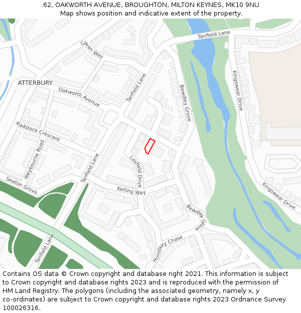 62, OAKWORTH AVENUE, BROUGHTON, MILTON KEYNES, MK10 9NU: Location map and indicative extent of plot