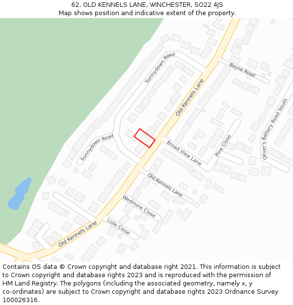 62, OLD KENNELS LANE, WINCHESTER, SO22 4JS: Location map and indicative extent of plot