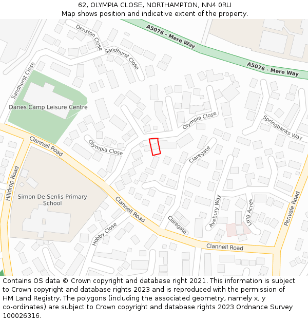 62, OLYMPIA CLOSE, NORTHAMPTON, NN4 0RU: Location map and indicative extent of plot