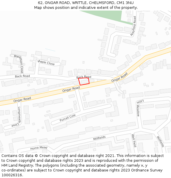 62, ONGAR ROAD, WRITTLE, CHELMSFORD, CM1 3NU: Location map and indicative extent of plot