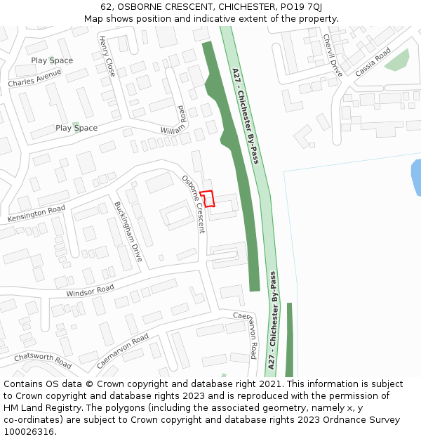 62, OSBORNE CRESCENT, CHICHESTER, PO19 7QJ: Location map and indicative extent of plot