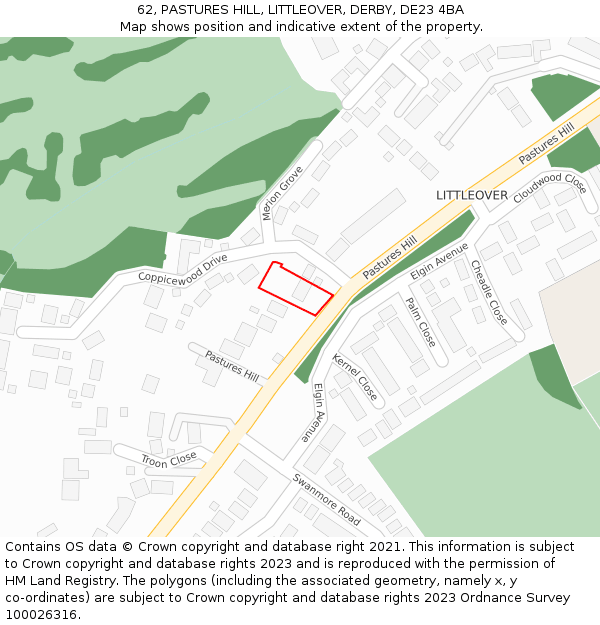 62, PASTURES HILL, LITTLEOVER, DERBY, DE23 4BA: Location map and indicative extent of plot