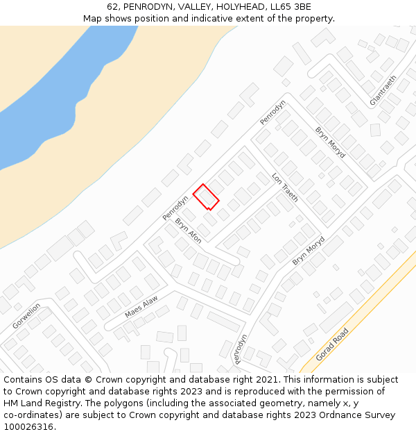 62, PENRODYN, VALLEY, HOLYHEAD, LL65 3BE: Location map and indicative extent of plot
