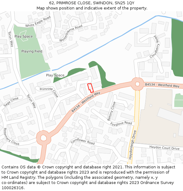 62, PRIMROSE CLOSE, SWINDON, SN25 1QY: Location map and indicative extent of plot