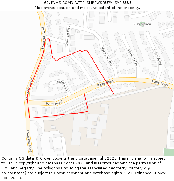 62, PYMS ROAD, WEM, SHREWSBURY, SY4 5UU: Location map and indicative extent of plot