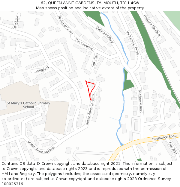 62, QUEEN ANNE GARDENS, FALMOUTH, TR11 4SW: Location map and indicative extent of plot